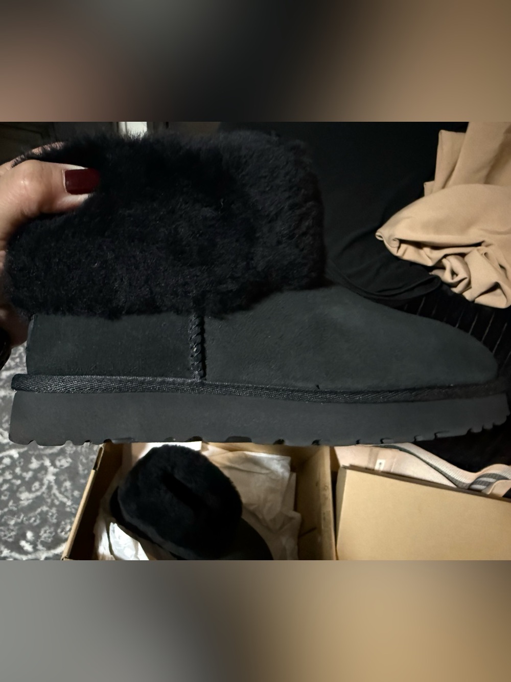 UGG classic mini fluff - Black Shearling Cuff Slip-On Bootie